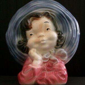 Vintage Wall Pocket Floral Arrangement Holder, Girl in Blue Hat